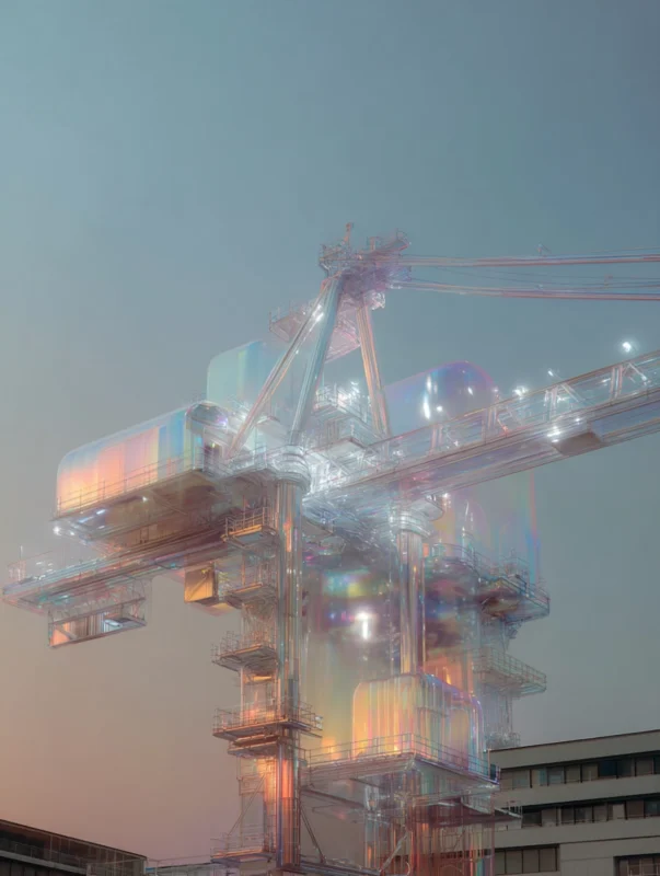 Futuristic crane in a dreamlike setting, symbolizing structured and quality-driven work processes at Space 42