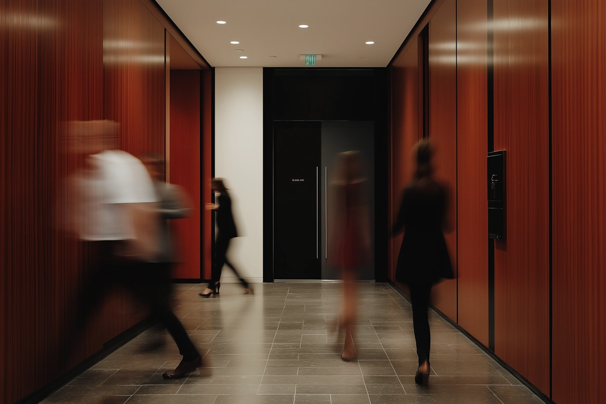 Blurred professionals walking through a modern office hallway, representing organizations that rely on senior expertise and structured solutions