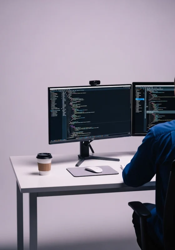 Close-up of a senior professional’s desk with a computer screen showing code, illustrating real-world technical expertise and senior consulting experience