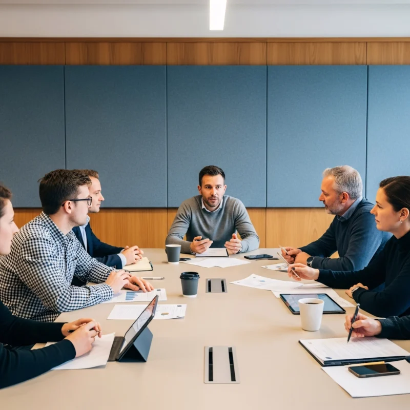 Senior industry professionals discussing and collaborating in a conference room, illustrating real-world expertise in education and training